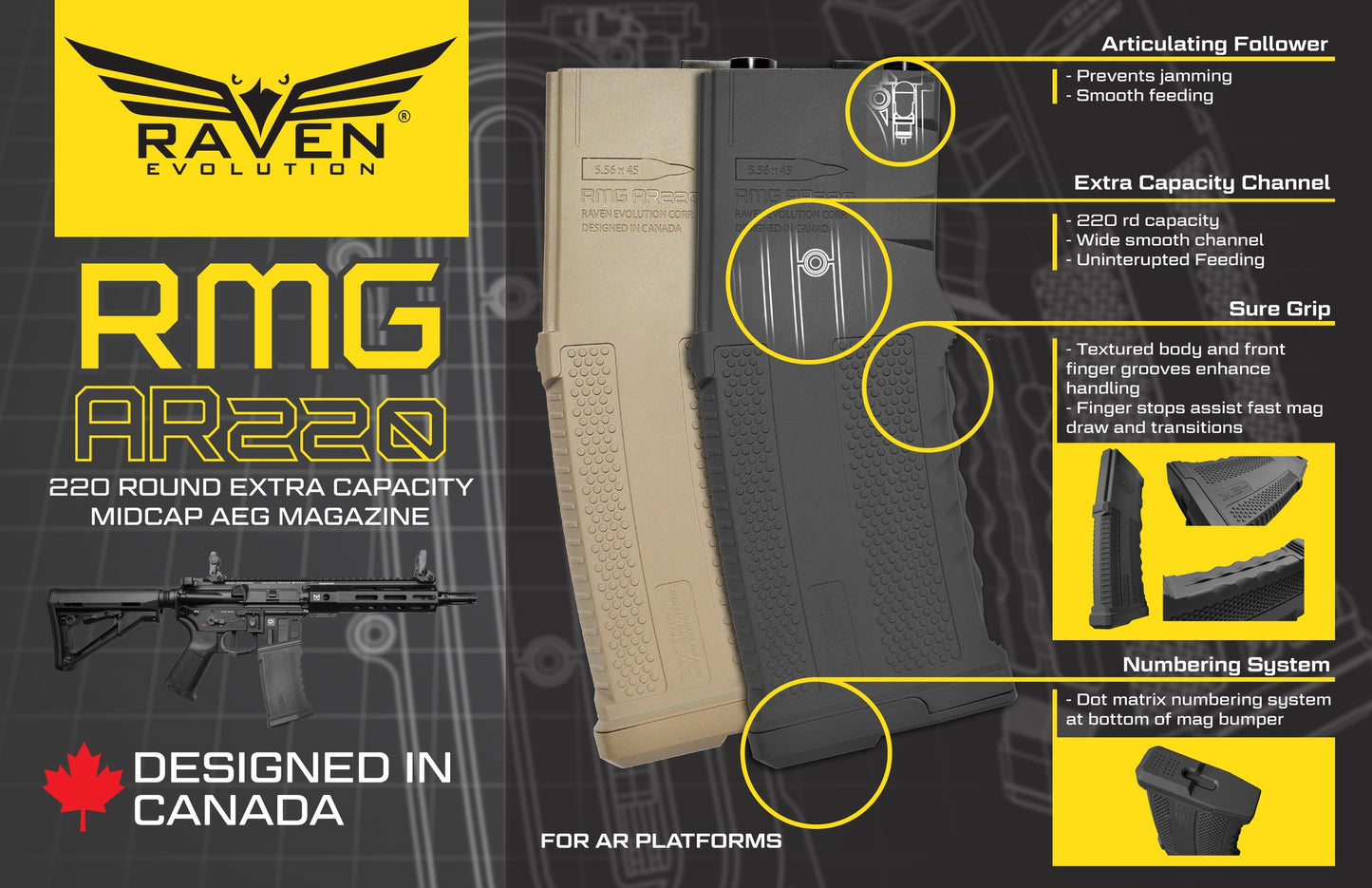 RAVEN EVOLUTION RMG AR220 EXTRA CAPACITY AEG MID CAP MAGAZINE (220RD) BK